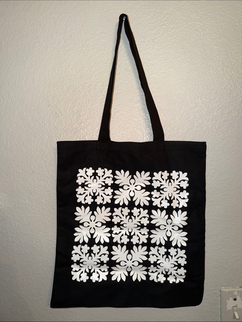 Black Tote Bag with White Floral Print - Stylish Everyday Carry